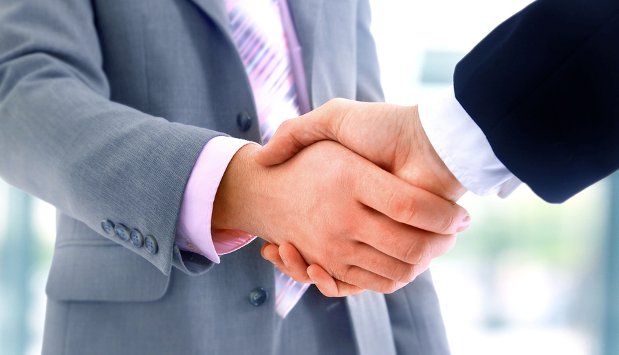 Two businesspeople in suits shake hands.