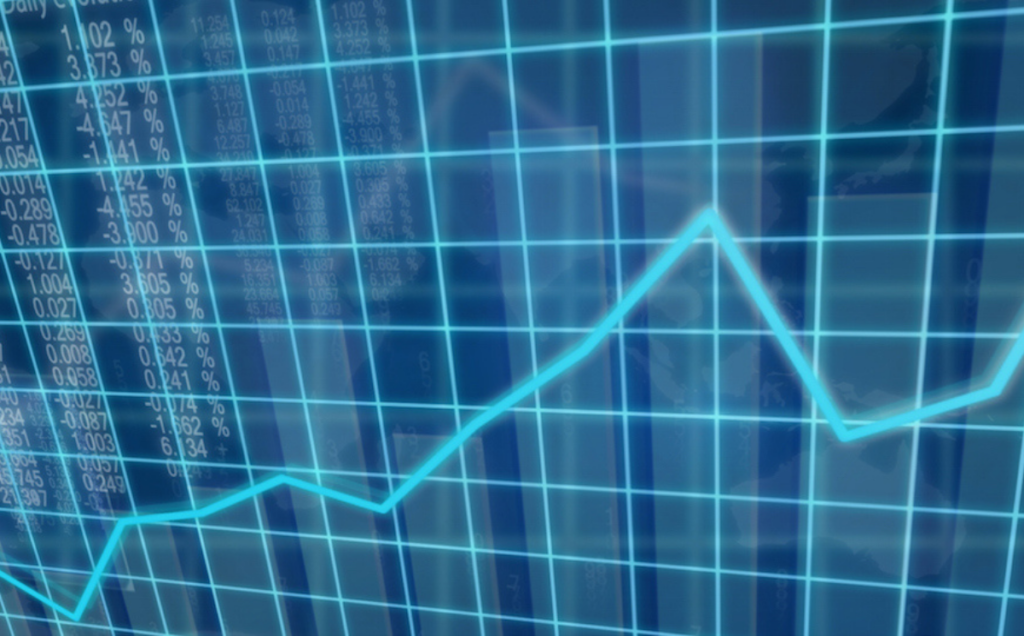A glowing blue financial line chart rises and falls across a digital grid background, with percentages listed on the left showing changes in performance.