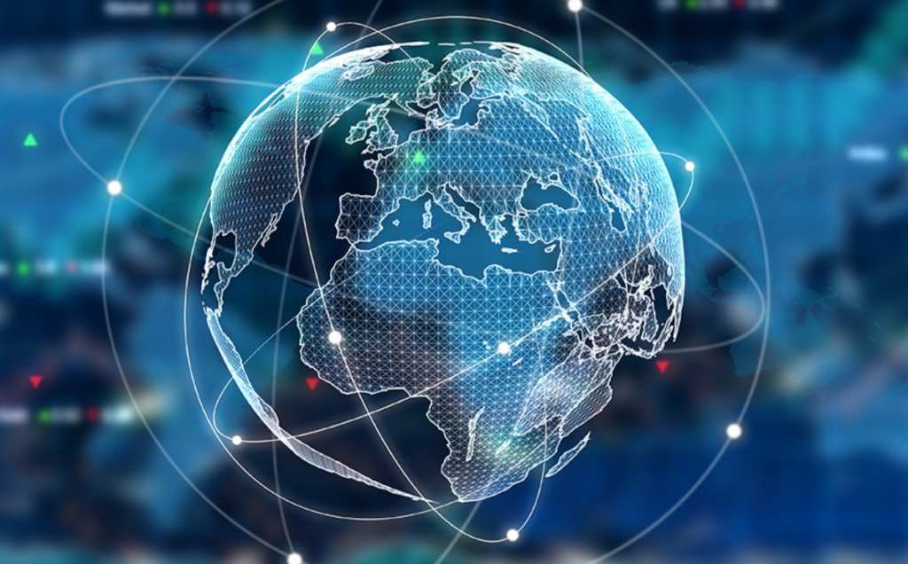 A glowing blue digital globe shows continents with a network‑style grid and connecting lines, symbolizing global communication and data exchange against a blurred technological background.