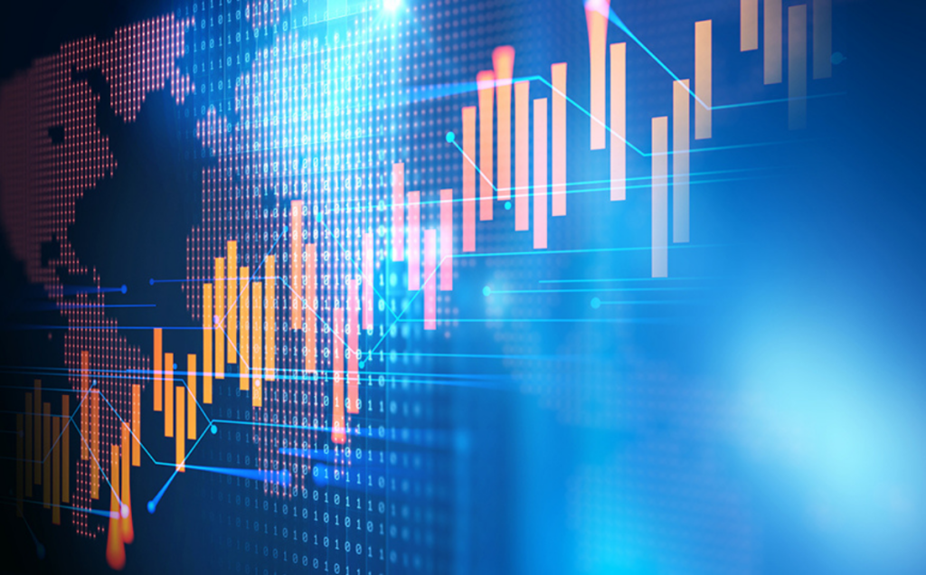 A digital world map is overlaid with glowing financial charts, including orange and red bar graphs and a blue line graph, set against a background of binary code and a blue gradient to represent global market data.