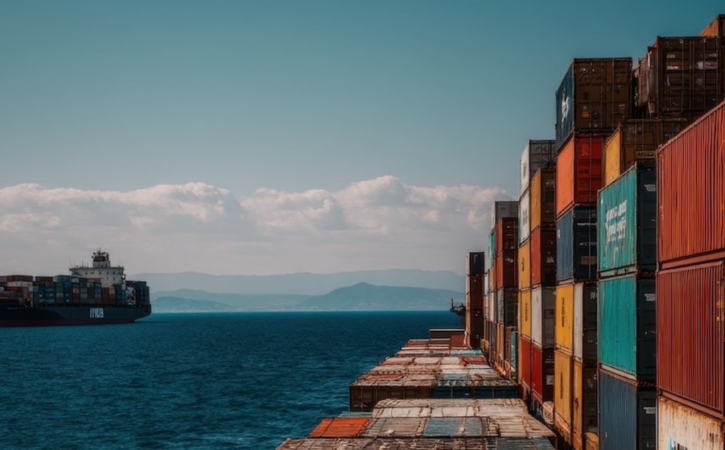 A wide view of a port stacked with brightly colored shipping containers—red, orange, yellow, blue, and green—lined up along the waterfront. A cargo ship loaded with containers sails across calm blue water, with distant mountains and a partly cloudy sky in the background, creating a clear scene of large‑scale maritime trade.