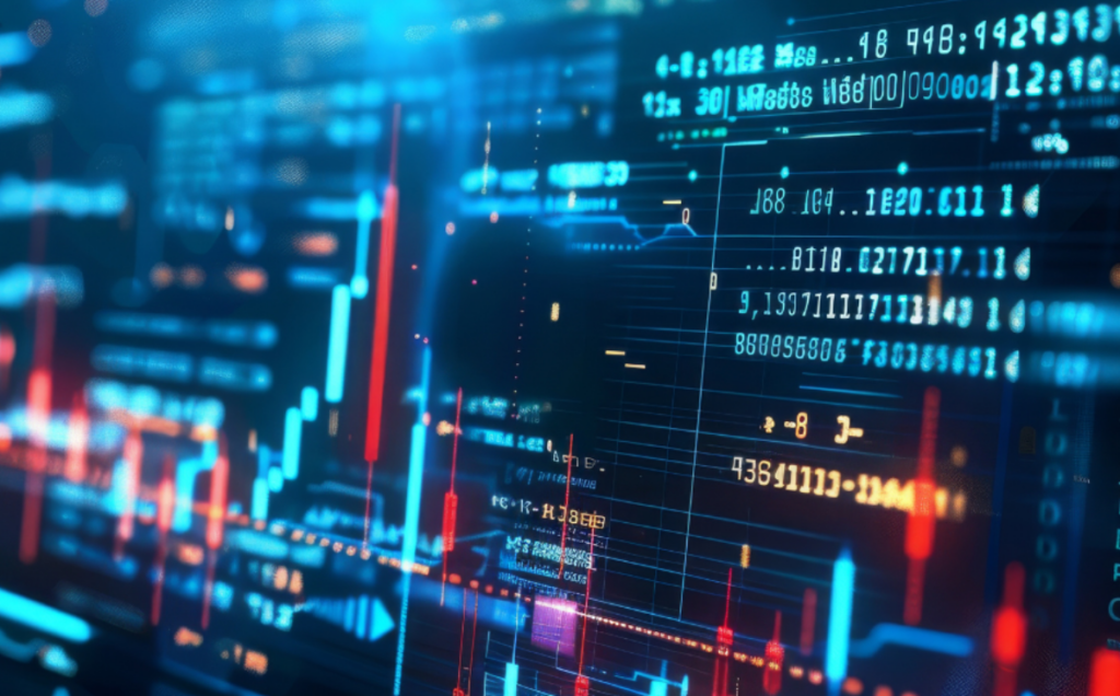 A digital interface filled with glowing blue and red financial charts, including bar graphs, line graphs, and candlestick patterns. Columns of numbers and data points appear throughout the display, creating the look of a fast‑moving analytics or trading screen.