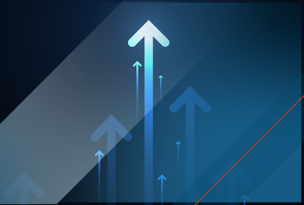 Image of vertical arrows overlaying a combination of blue, red and white stripes.